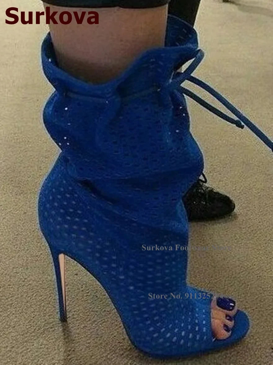 Surkova Royal Blue Suede Small Hole Cut-out Ankle Boots Thin High Heel Lace-up Dress Shoes Ruffle Caged Open Toe Sandals Booties