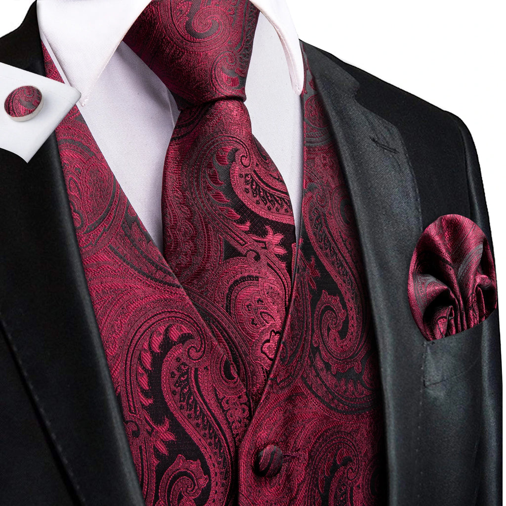 Hi-Tie Men's Silk Vests Fashion Dark Green Floral Jacquard Handkerchief Cufflinks Necktie Sleeveless Wistcoat Sets Wedding Party