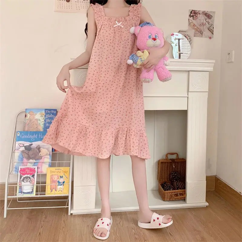 Cherry Nightgown Sleepwear Women Korean Ruffles Summer One Piece Pajamas Dress Sleeveless Night Sleeping Slash Neck Home Wear