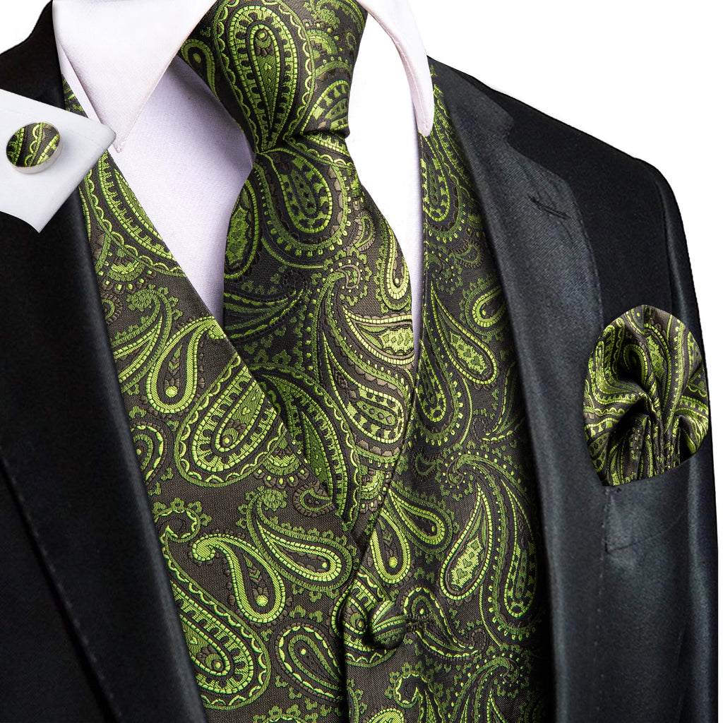 Hi-Tie Men's Silk Vests Fashion Dark Green Floral Jacquard Handkerchief Cufflinks Necktie Sleeveless Wistcoat Sets Wedding Party