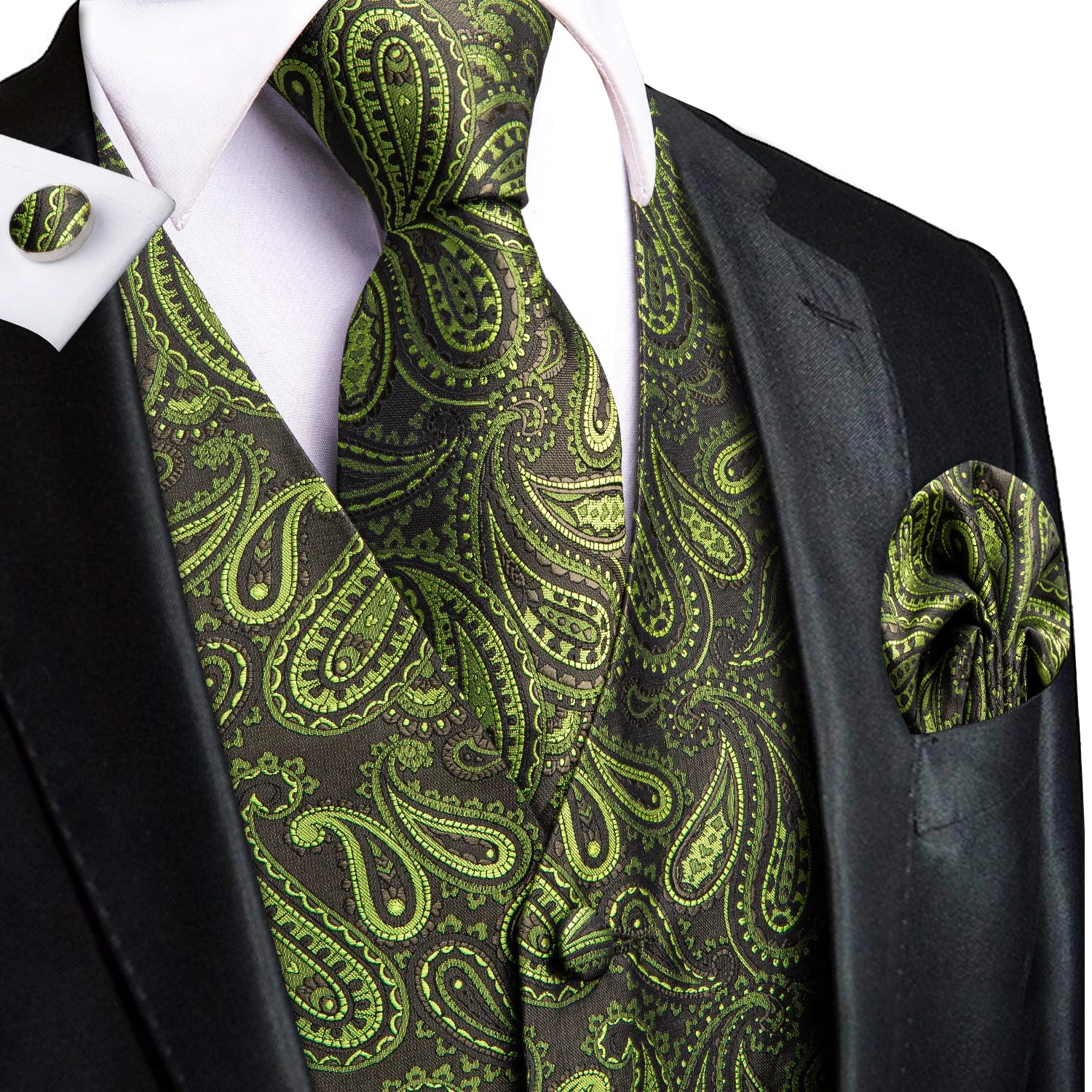 Hi-Tie Men's Silk Vests Fashion Dark Green Floral Jacquard Handkerchief Cufflinks Necktie Sleeveless Wistcoat Sets Wedding Party