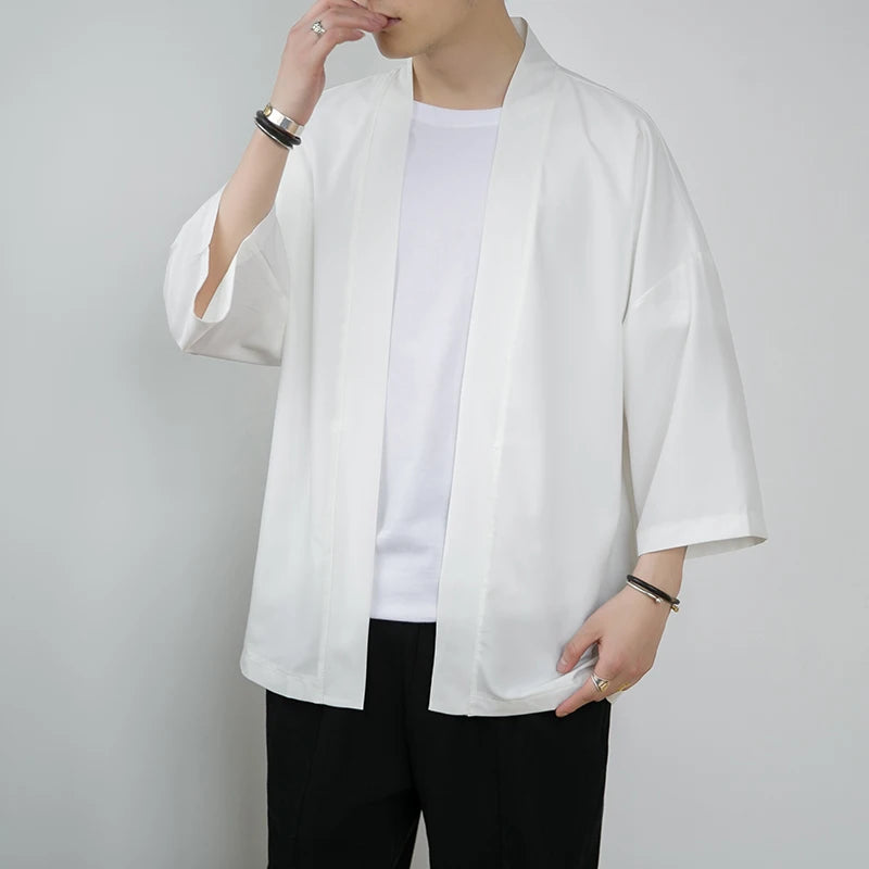 Summer New Men's Lightweight Kimonos Traditional Japanese Clothing Male Open Front Cardigan Cloak Yukata Jacket Coat White