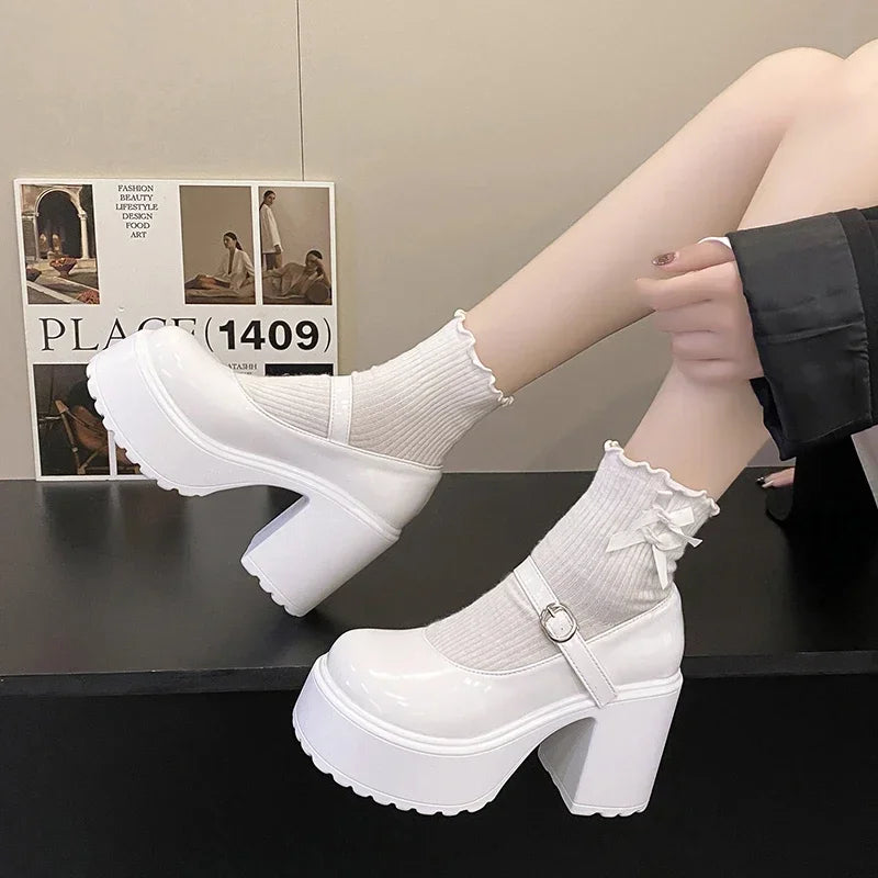 White Chunky Platform Mary Janes Women 2025 Buckle Strap Super High Heels Pumps Woman Patent Leather Thick Heeled Party Shoes