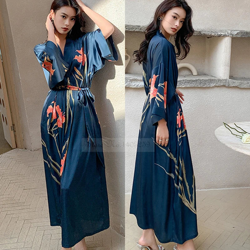 Print Flower Long Kimono Bathrobe Gown Sexy Women Half Sleeve Wedding Robe Nightgown Spring Summer Rayon Home Dress Sleepwear