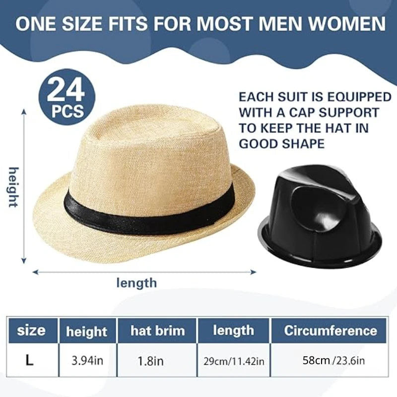 10-24 Pack 1920s Straw Hats Bulk for Men Short Brim Sun Panama Hats for Women Party Costume Wedding Favors, Circumference 58 cm