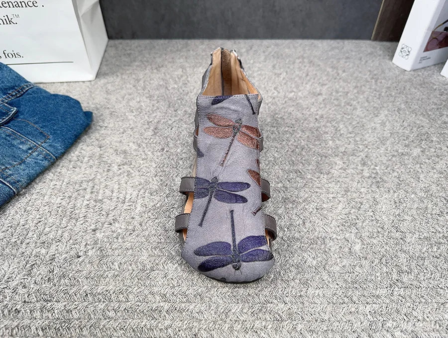 Johnature Genuine Leather Printed Roman Sandals 2025 Summer New Back Zippered Flat Hollow Round Toe Women's Shoes