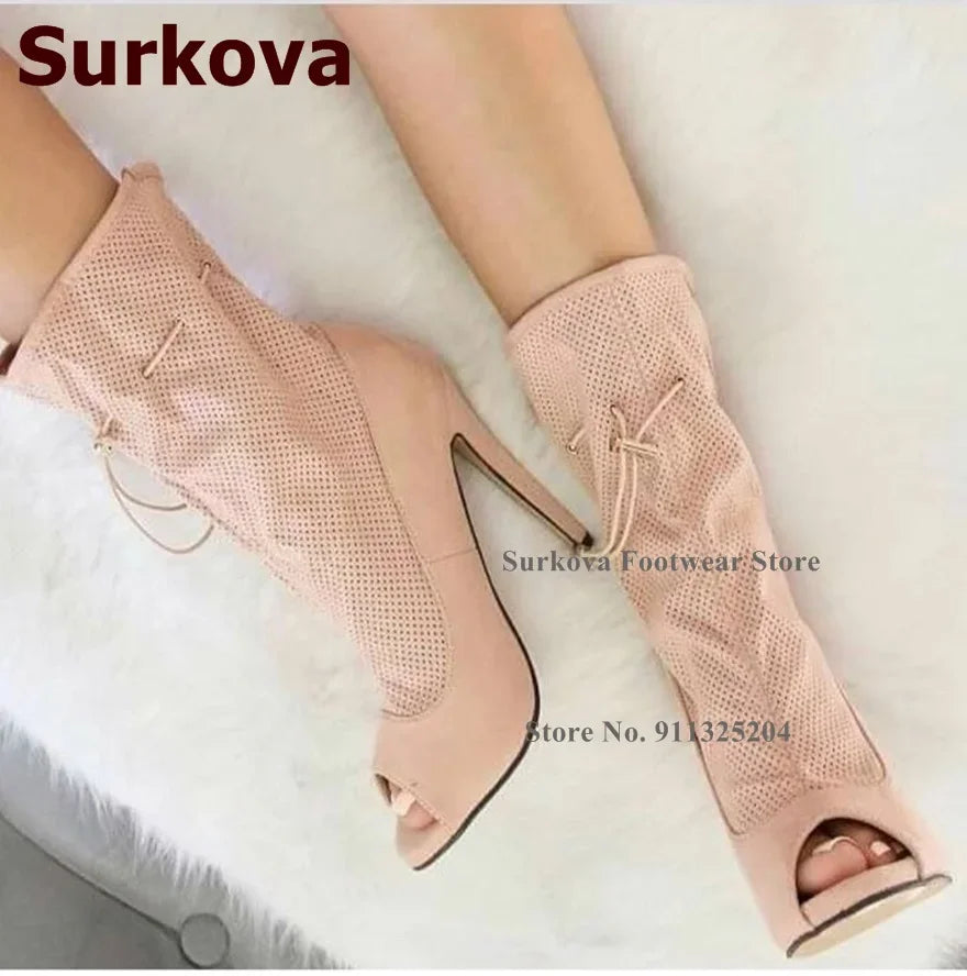 Surkova Royal Blue Suede Small Hole Cut-out Ankle Boots Thin High Heel Lace-up Dress Shoes Ruffle Caged Open Toe Sandals Booties