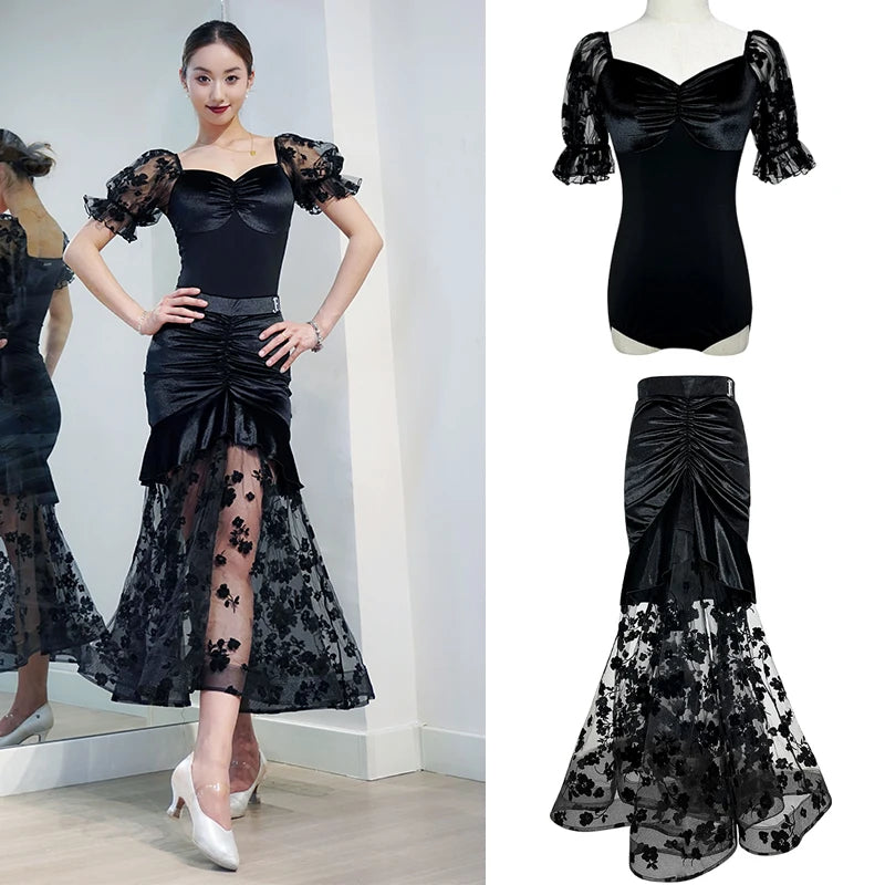 2024 Ballroom Dance Clothes Women Black Lace Mesh Veslvet Tops Skirt Waltz Dance Performance Costume Competition Dresses BL13497