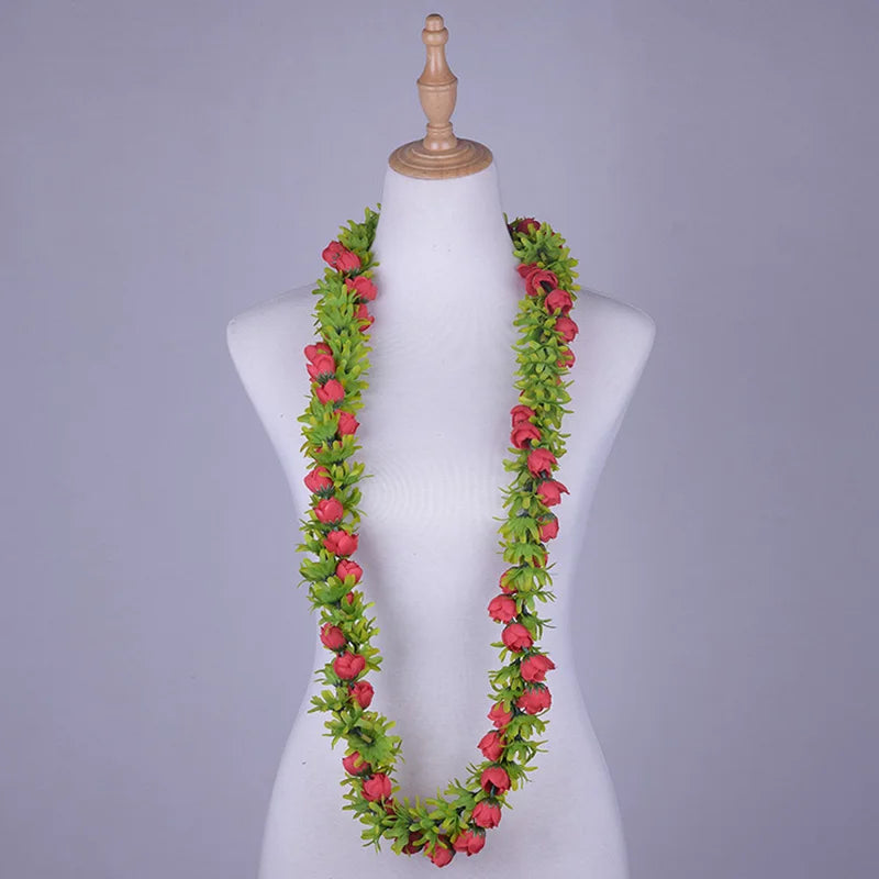 Popular Artificial Silk Rosebud Greenrose Lei Double Strand Braided Necklace Hawaiian Garland Polynesian Samoan Style Wreath