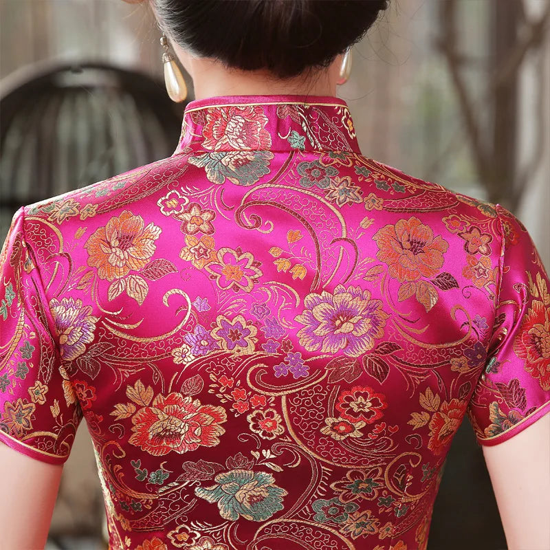 Cheongsam Women's Summer Dress Vintage Button Down Qipao Lady Elegant Brocade Satin Vestidos Oriental Bride Wedding Dresses