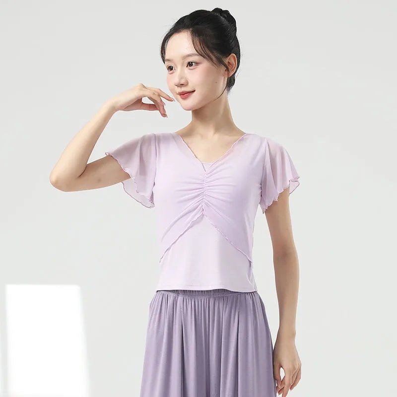 Dance Tops Women Modern Practice Clothes Dancewear Short Sleeved Gauze Pleated T-shirt Solid Color Stage Costume Top New Arrival