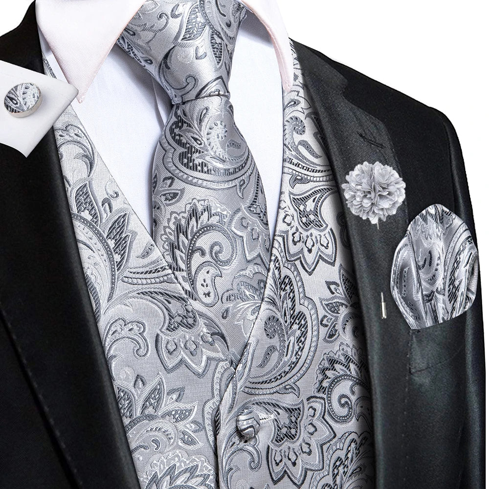 Luxury Gold Black Silk Mens Vests Print Jacquard Waistcoat Tie Hanky Cufflinks Brooch Set for Men Wedding Formal Business Hi-Tie