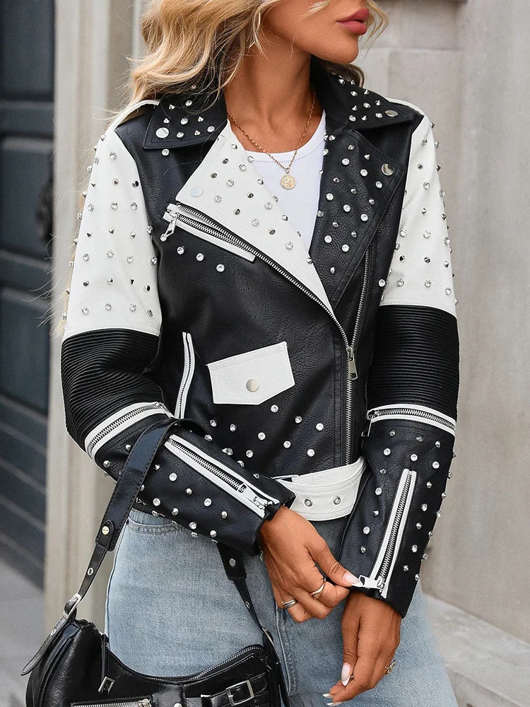 New Spring Autumn Women Street Rivet Black White Faux Leather Jacket Moto Biker Punk Belt Coat Outwear