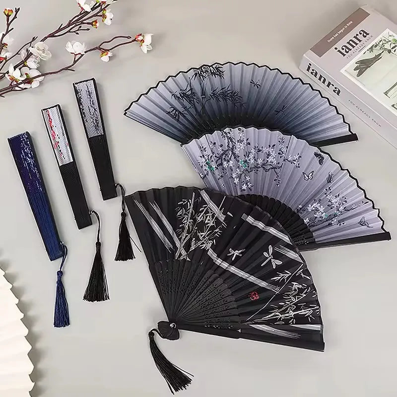 Chinese Bamboo Silk Hand Folding Fan Black
