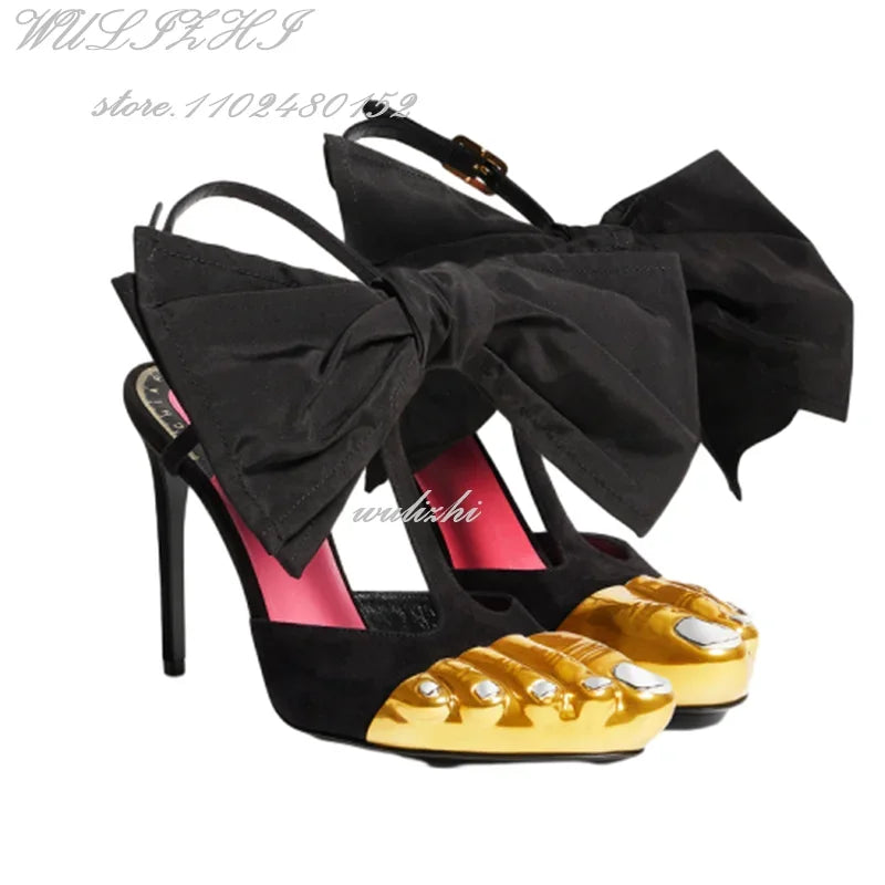 Big Bow Golden Toes Five Split Toes Sexy Sandals Stiletto Heels Women Hollow Metallic Luster Shiny Dress Heels Ankle Straps Shoe