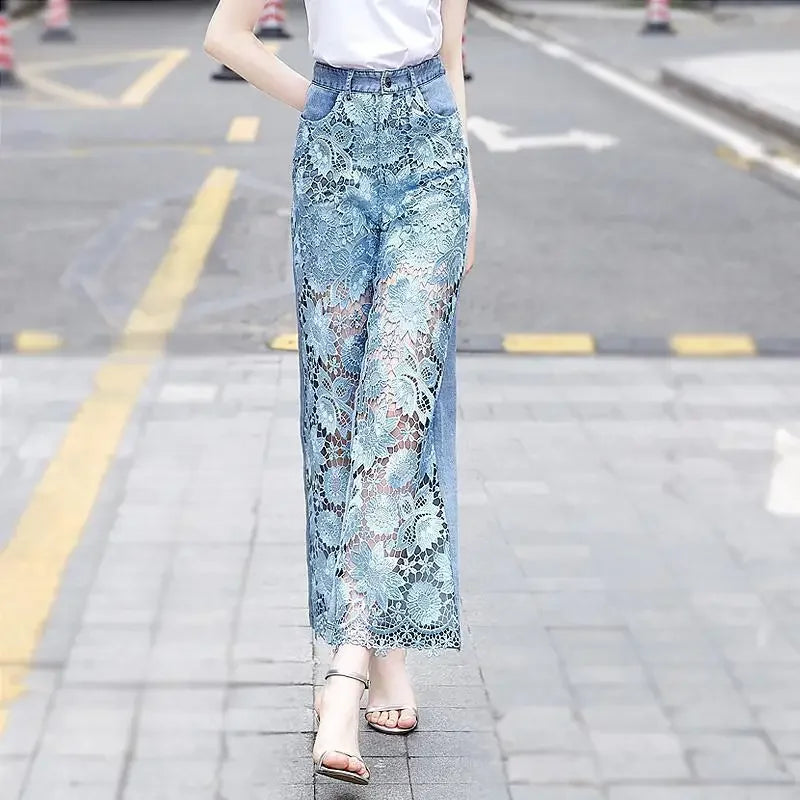High Waist Pantalones De Mujer Lace Patchwork Hollow Out Fashion Elegant Jeans for Women All Match Casual Loose Summer Pants