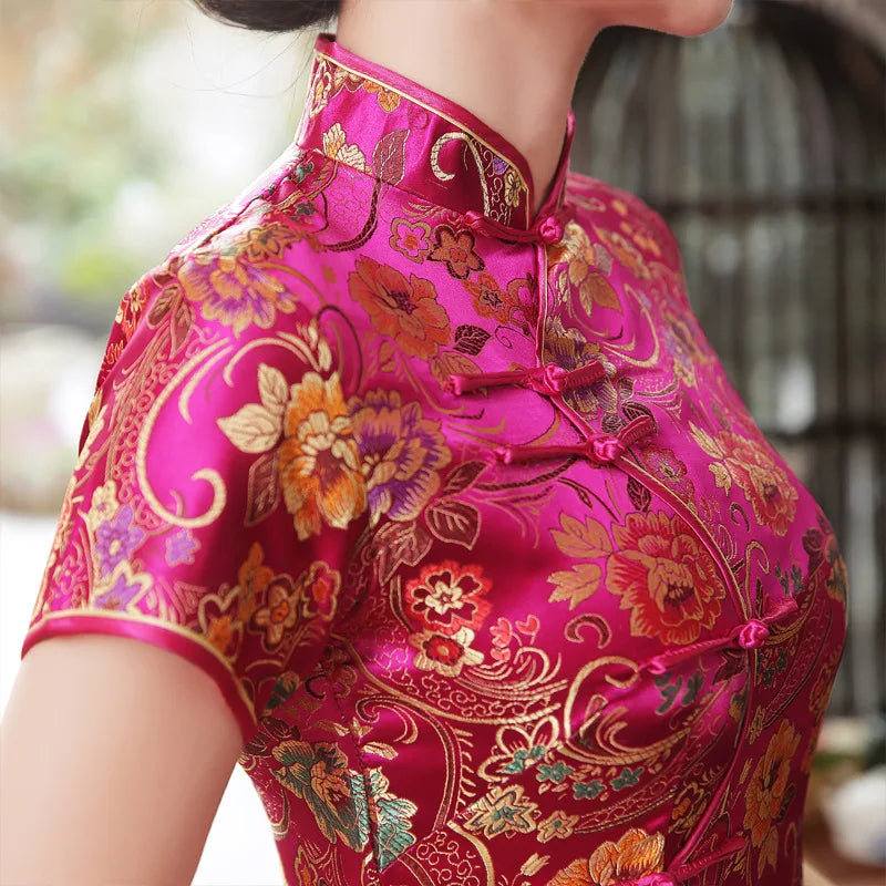 Cheongsam Women's Summer Dress Vintage Button Down Qipao Lady Elegant Brocade Satin Vestidos Oriental Bride Wedding Dresses