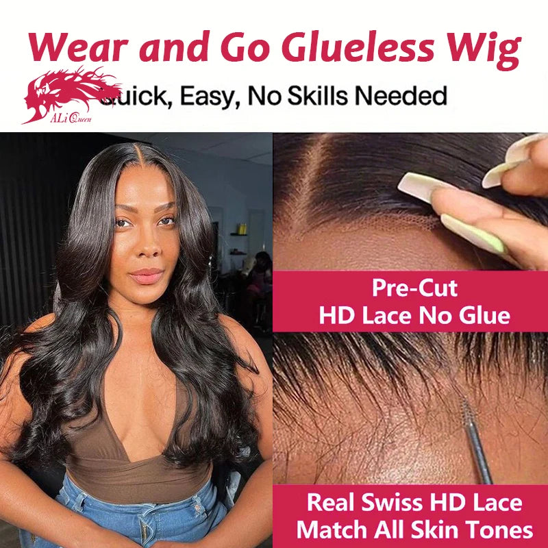 Ali Queen Body Wave Wear Go Glueless Wigs 6x4 HD Lace Closure Glueless Wig Human Hair Ready To Wear Pre Cut Preplucked 14-32inch