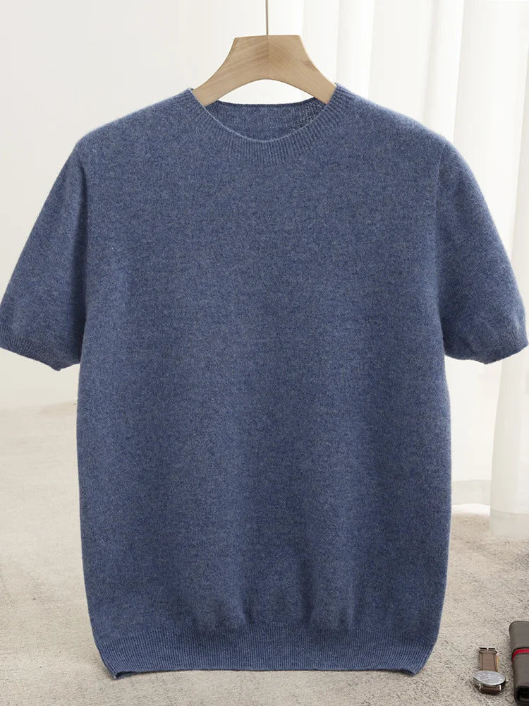 New Summer Autumn Men's 100% Merino Wool Pullover O-Neck Short Sleeve Jumper Cashmere Sweater Soft Casual Tops T Shirt