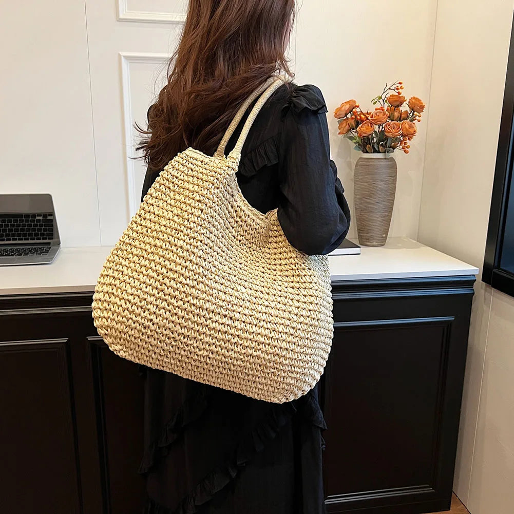 2024 Summer Daily Bag Women Vintage Shoulder Bag Hasp Closure Crochet Beach Handbag Solid Color Simple Weaving Handbag Ladies