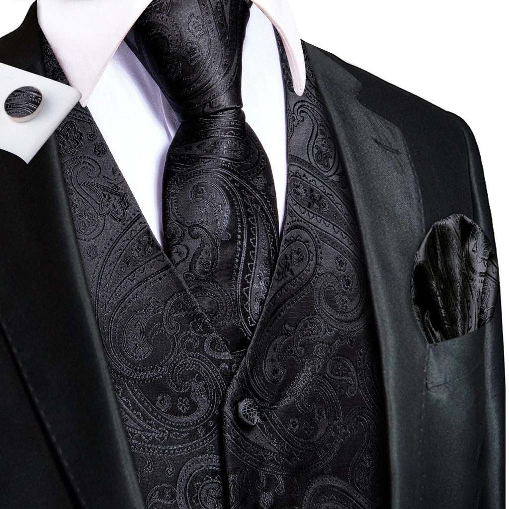 Hi-Tie Men's Silk Vests Fashion Dark Green Floral Jacquard Handkerchief Cufflinks Necktie Sleeveless Wistcoat Sets Wedding Party
