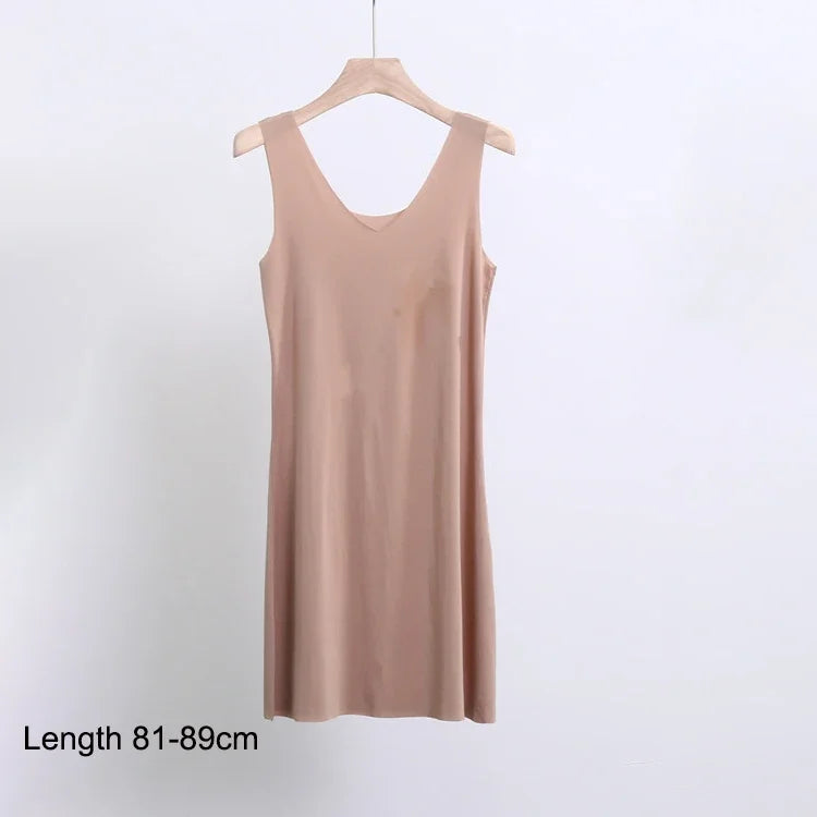M-5XL Plus Size Full Slips Dresses For Women Summer Thin Seamless Ice Silk Petticoat Underskirt Sleeveless Underwear Dress Slips