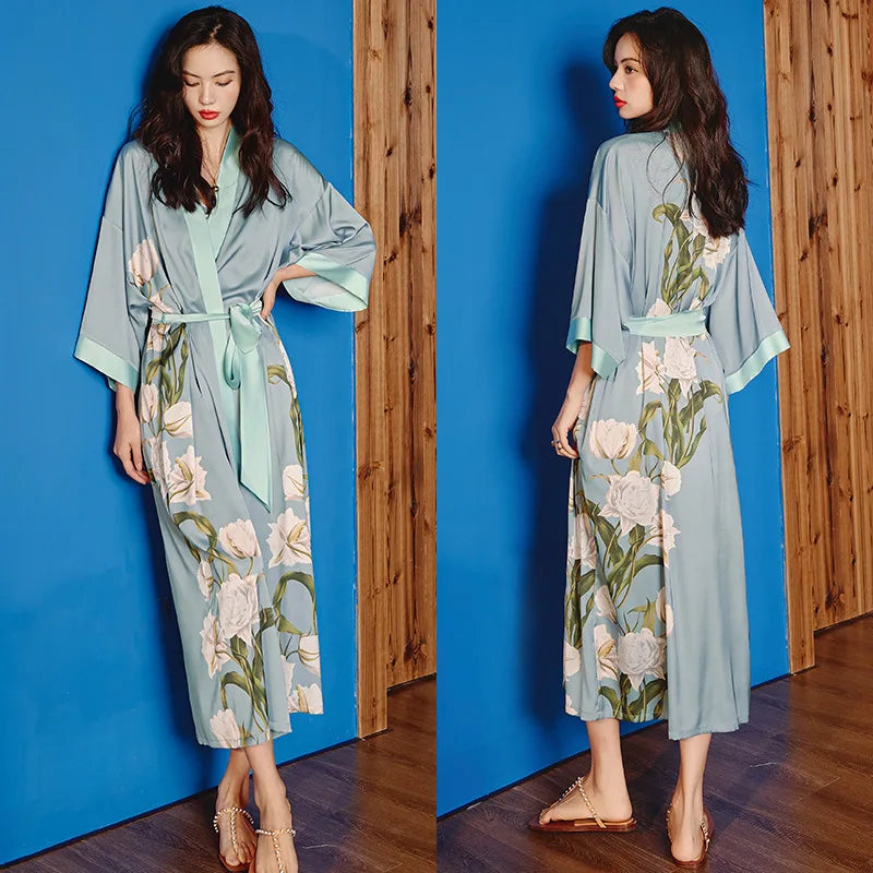 Print Flower Long Kimono Bathrobe Gown Sexy Women Half Sleeve Wedding Robe Nightgown Spring Summer Rayon Home Dress Sleepwear