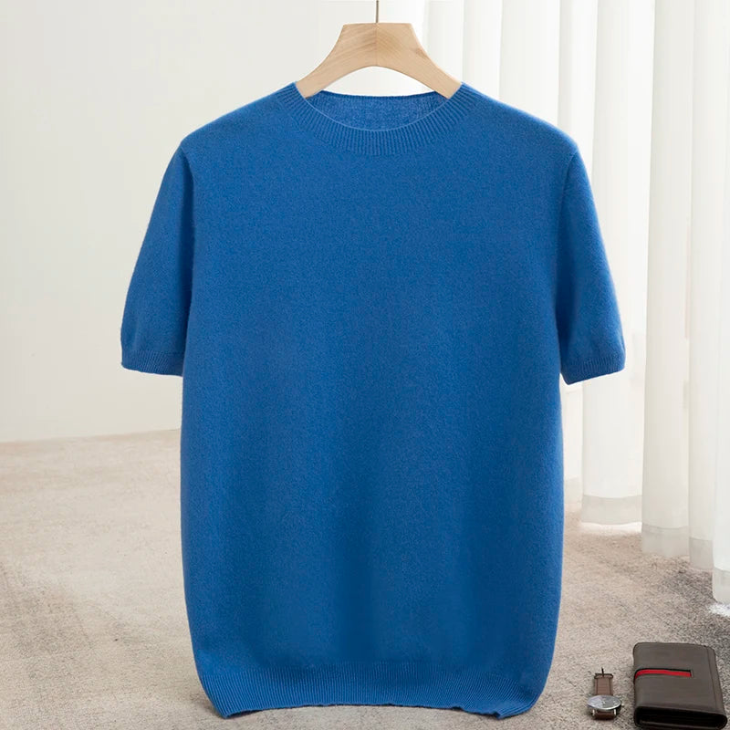New Summer Autumn Men's 100% Merino Wool Pullover O-Neck Short Sleeve Jumper Cashmere Sweater Soft Casual Tops T Shirt