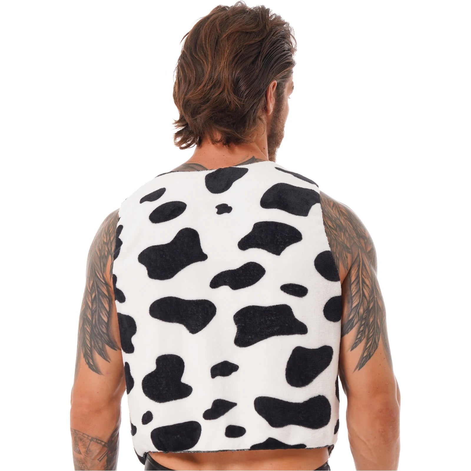 Men's Cow Print Vest Halloween Festival Cosplay Party Fancy Dress Up Sleeveless Open Front Waistcoat Vintage Hippie Costume Vest