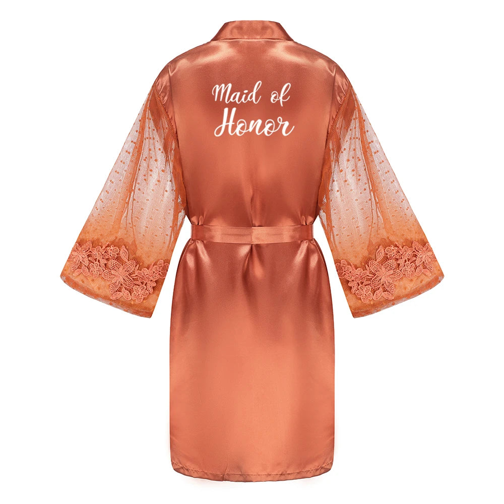 Caramel Wedding Bride Bridesmaid Robes Dressing Gown Sexy Women Bathrobe Night Shirts Short Women Kimono Mesh Sleeve