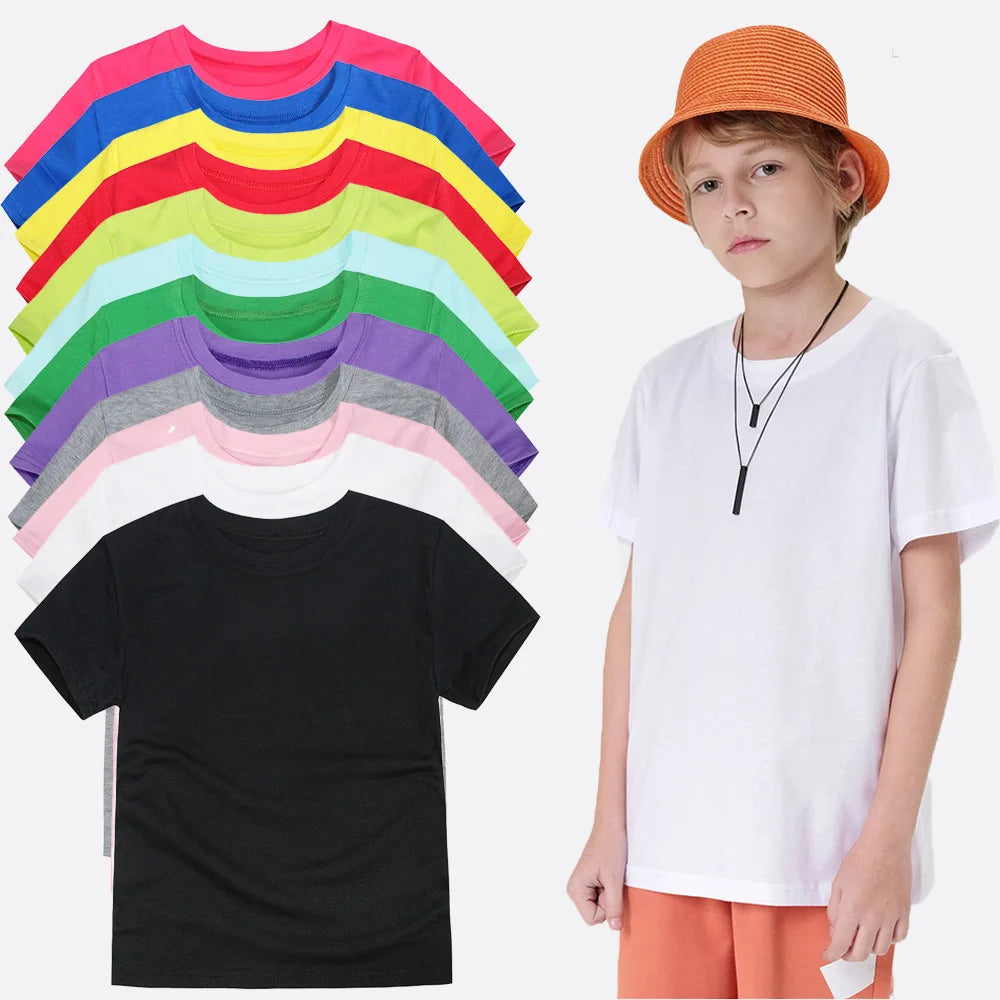 100% Cotton Summer Boys T Shirts Children's Tops Plain Cotton Girls Tops 14 Colors Teenager T-Shirts Kids T-Shirts for 1-14Years
