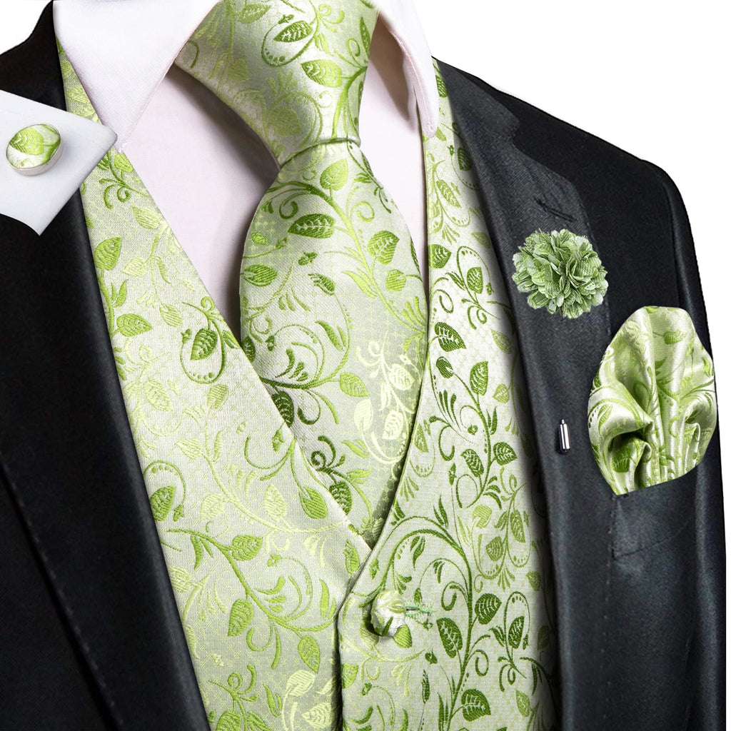 Hi-Tie High Quality Silk Mens Vests Champagne Paisley Waistcoat Neck Tie Hanky Cufflinks Brooch Set for Men Suit Wedding Office