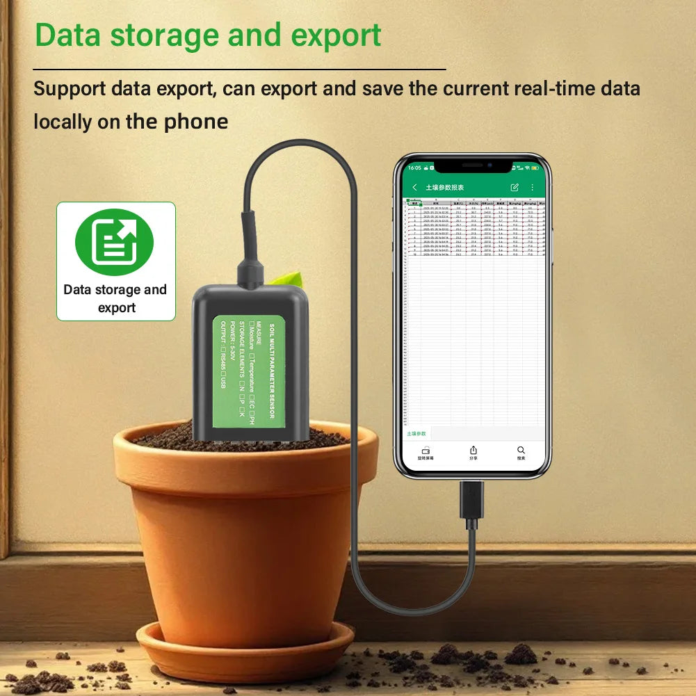 Yieryi Smart Soil Sensor 5-in-1 NPK EC Moisture Temp pH Meter with APP Data Logger USB Rechargeable Soil Tester for Garden Farm