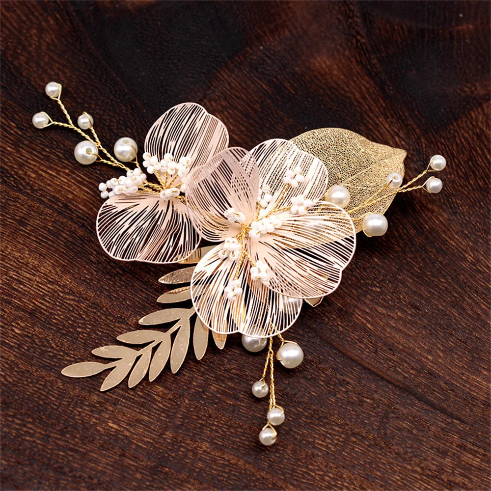 Bride Wedding Hair Comb Gold Flower Hairpin