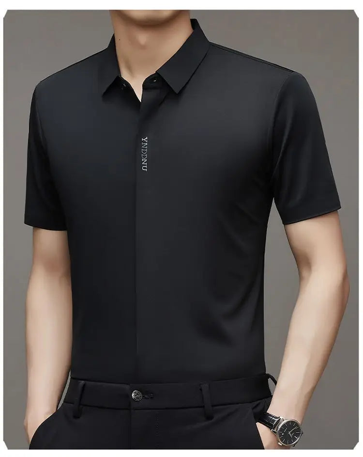 High end  Mulberry Silk Men Short Sleeve Business Shirt Wrinkle Resistant Button Invisible Top Elastic Luxurious Men Shirts