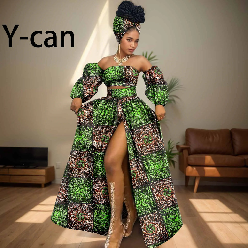 African Women Sexy Sets Two Pieces 2024 Ankara Print Tube Top High Slit Skirt Free Headscarf Female Outfits Women Dress 2426016