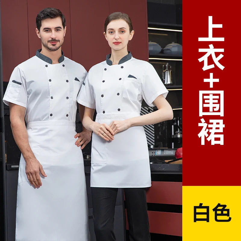 Men Red Chef Coat Logo Long Sleeve Chef Jacket for Summer Apron Head Chef Uniform Restaurant Hotel Kitchen Cooking Clothes