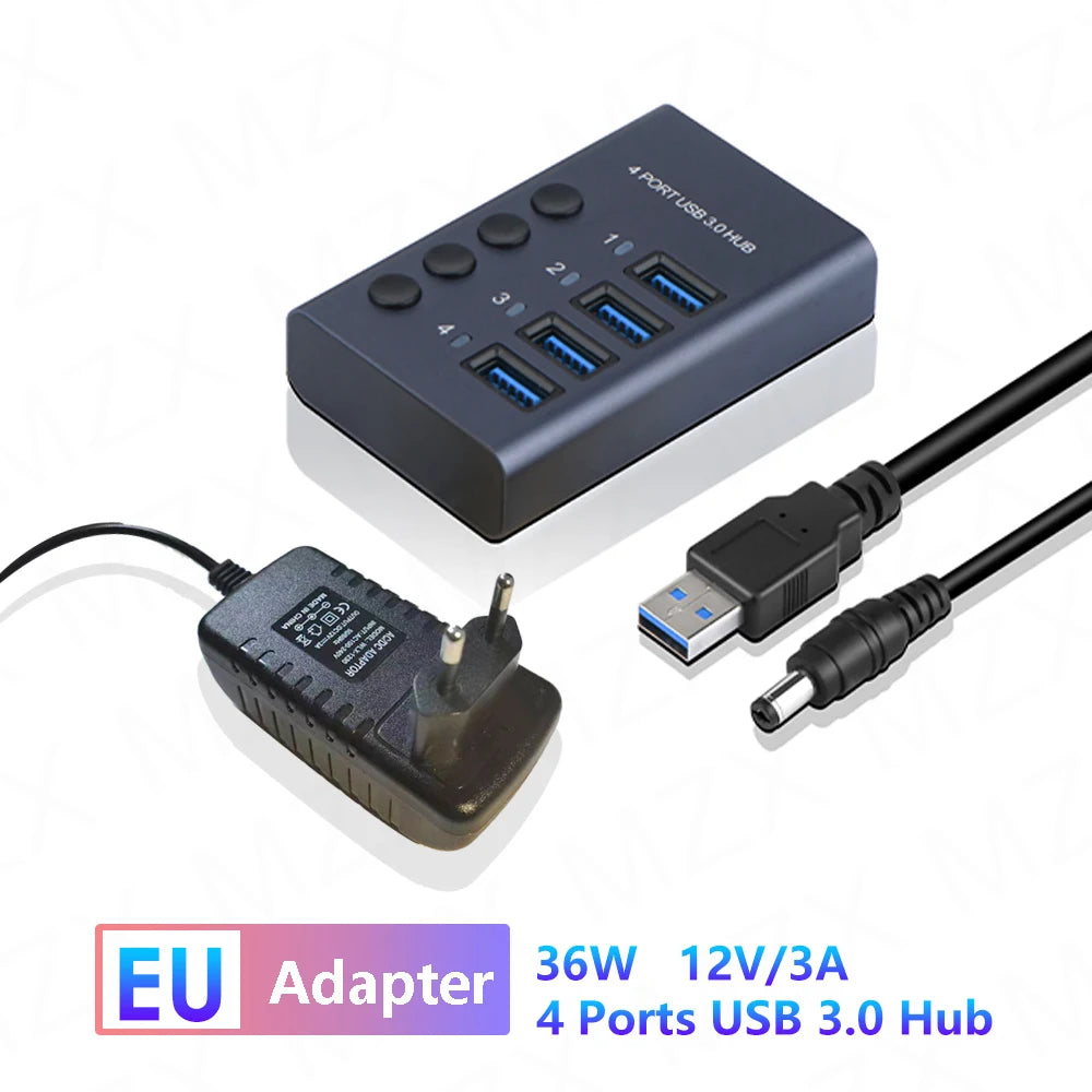 MZX USB 3.0 Hub Aluminum Multi Port Splitter with Power Adapter and Switch