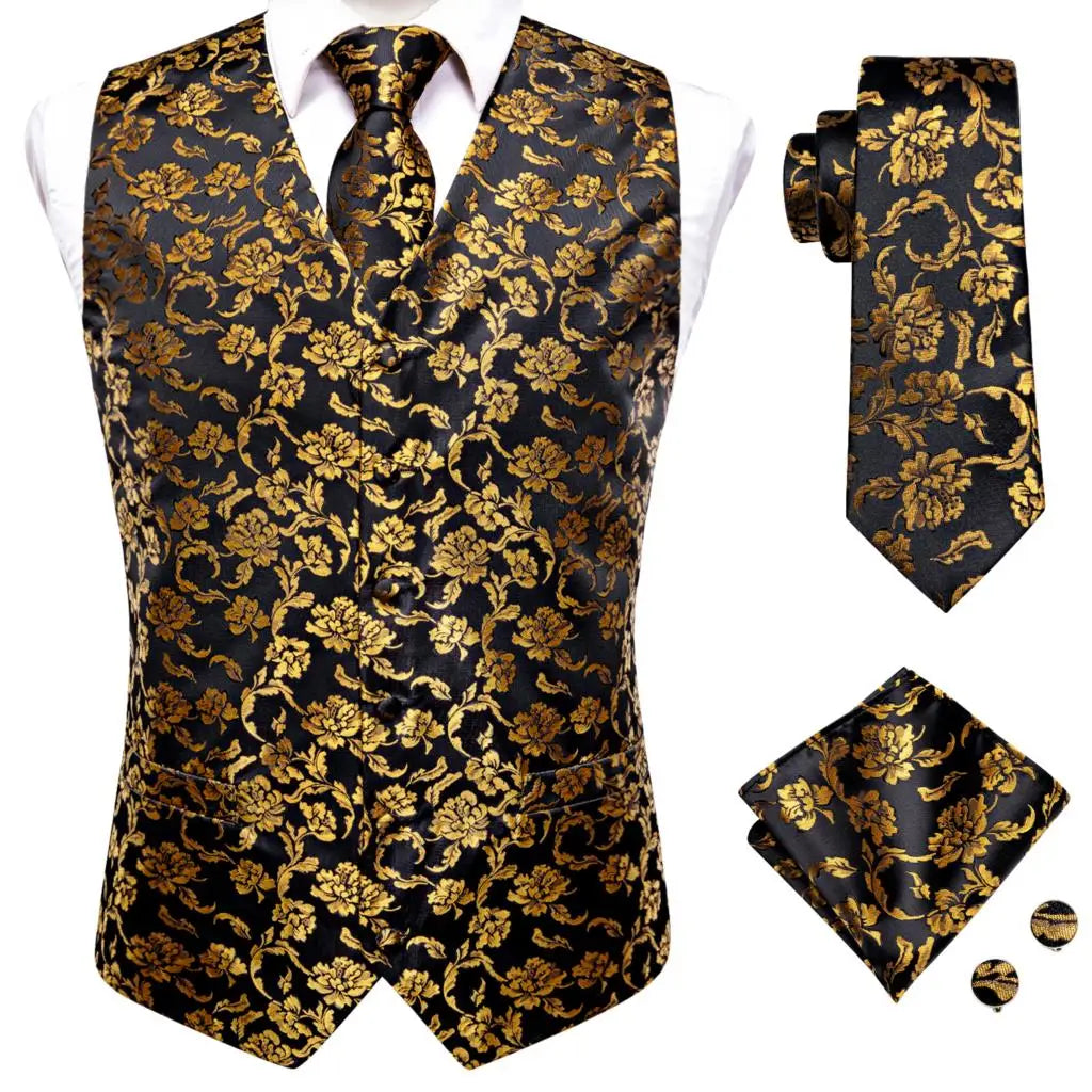 Hi-Tie Brand Silk Mens Vests Grey Black Gold Navy Blue Red Burgundy Jacquard Waistcoat Jacket NeckTie Hanky Cufflinks for Men