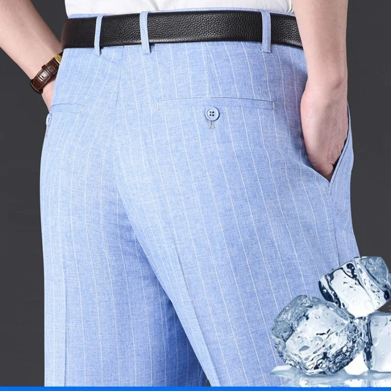 Flat Stretch Suit Pants For Men Striped Thin Summer Straight High Waist Black White Blue Formal Fashion Korea Dress Trousers Men