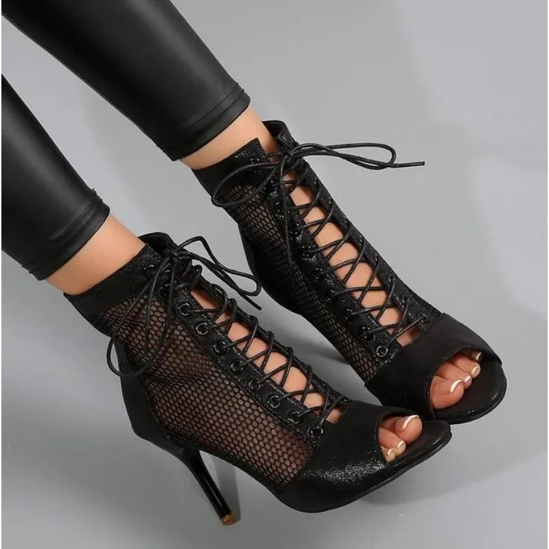 Sexy High Heels Hollow Mesh Sandals Women Summer Cross-tied Peep Toe Heeled Sandals Ankle Strap Dance Shoes Black Net Sandals