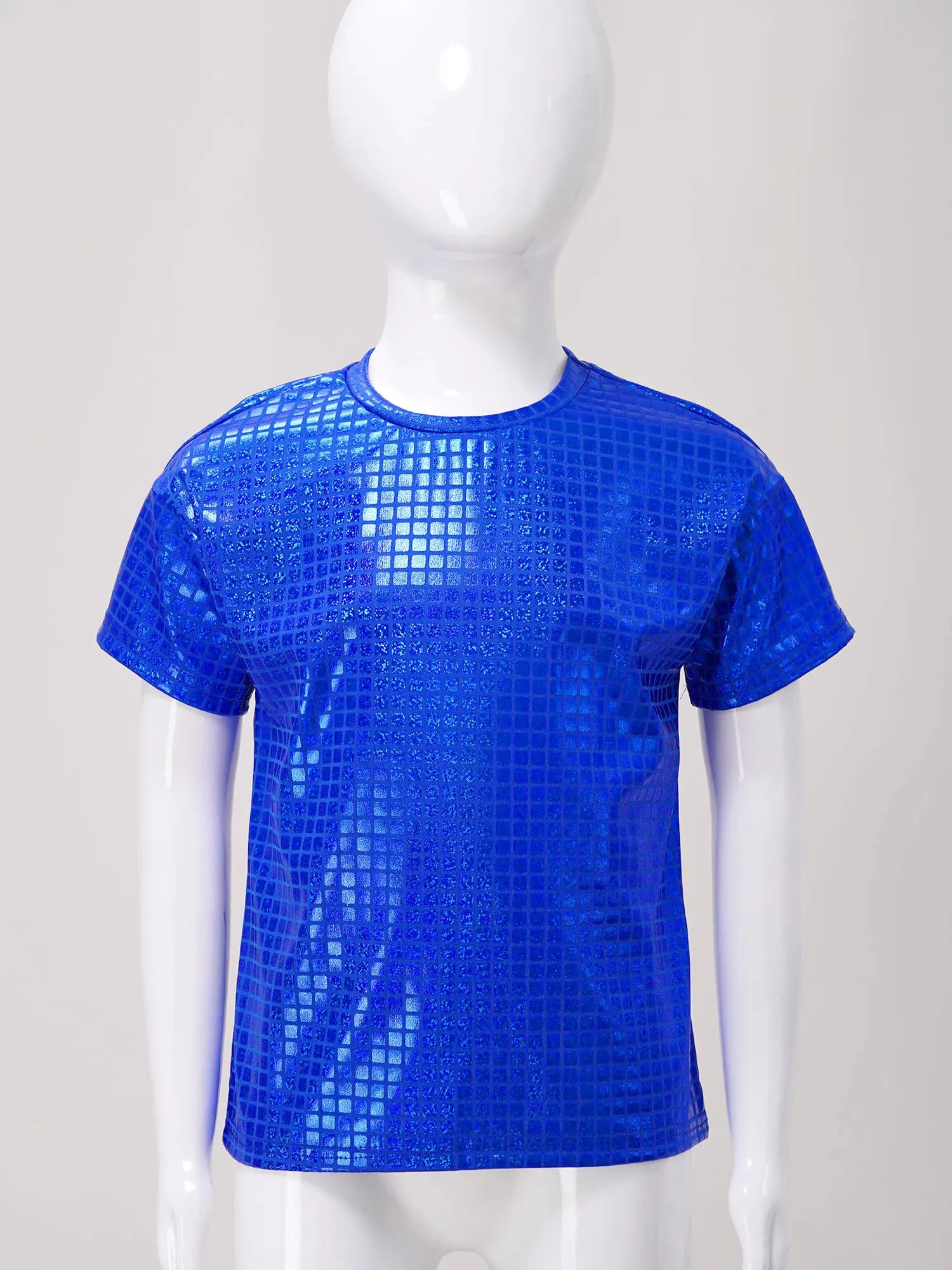 Boys Girls Shiny Plaid Sequins T-shirt Unisex Kids Short Sleeve Shirts Tops Cheerleading Street Dance Choir Stage Performance