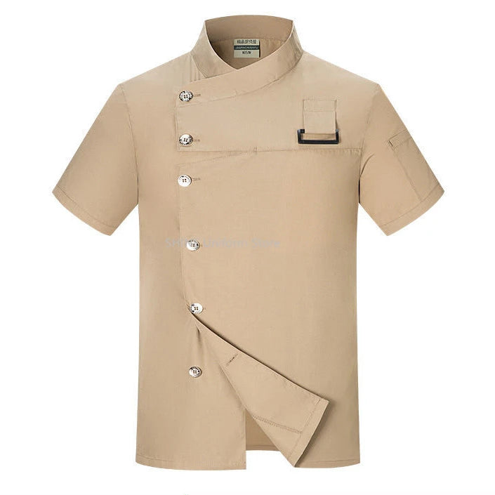 White Chef Coat Logo short Sleeve Chef Jacket Apron for Summer Head Chef Uniform Restaurant Hotel Kitchen Pizza Cooking Clothes