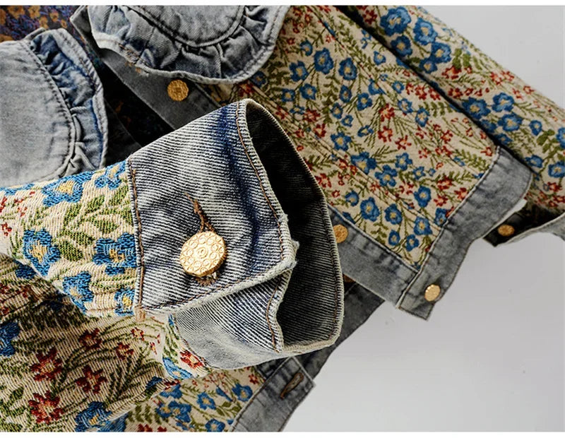 Spring Autumn Jacquard Embroidery  Denim Jacket Women Loose Short Cowboy Outerwear Casual Peter Pan Collar Jeans Jacket Female