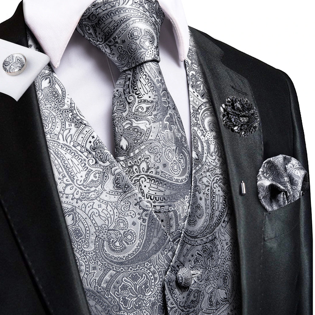 Hi-Tie High Quality Silk Mens Vests Champagne Paisley Waistcoat Neck Tie Hanky Cufflinks Brooch Set for Men Suit Wedding Office