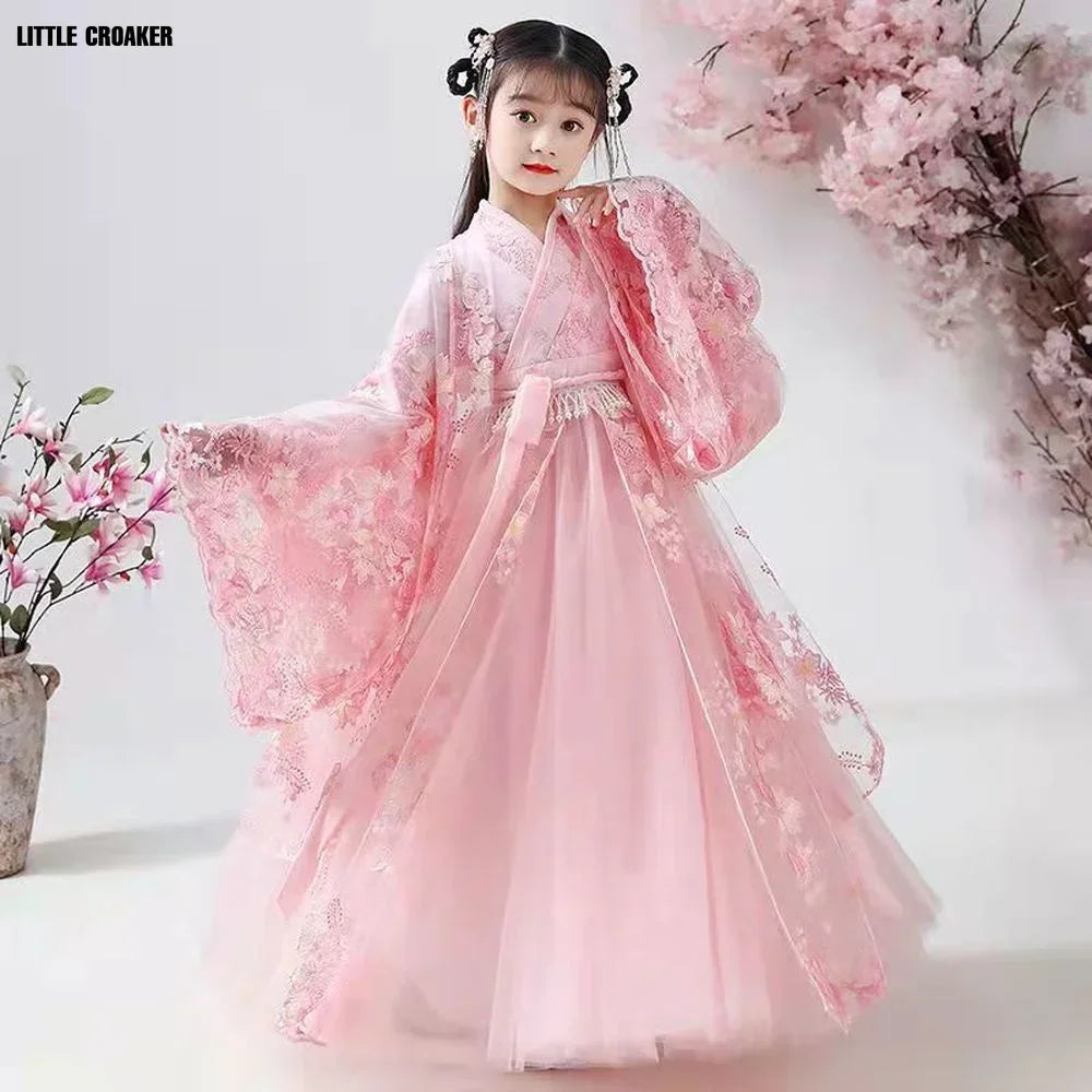 Chinese Traditional Folk Dance Dress Girls Pink Dance Fairy Costume Hanfu Girls Princess Dresses Set Kids Party Cosplay Clothing