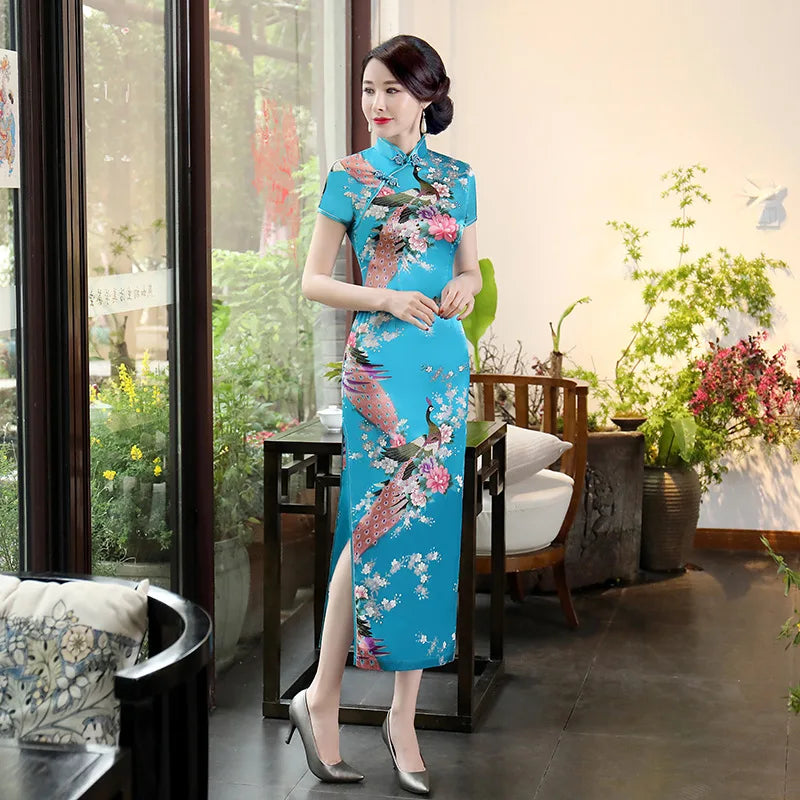 Sexy Purple Women Satin Daily Casual Dress Summer New Long Qipao Print Flower Chinese Cheongsam Size S M L XL XXL 3XL 0162