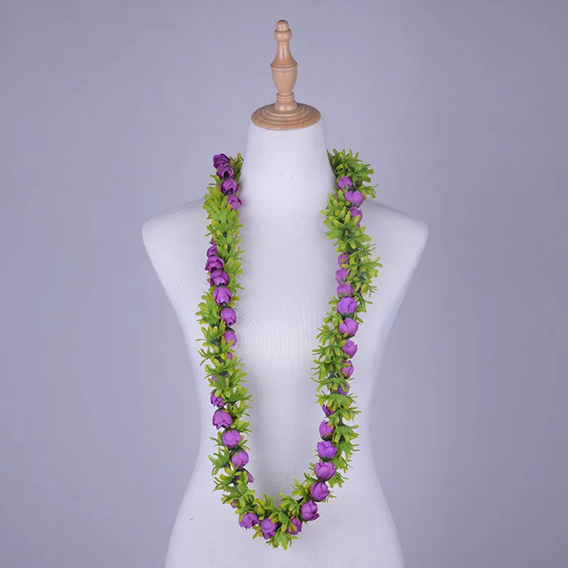 Popular Artificial Silk Rosebud Greenrose Lei Double Strand Braided Necklace Hawaiian Garland Polynesian Samoan Style Wreath