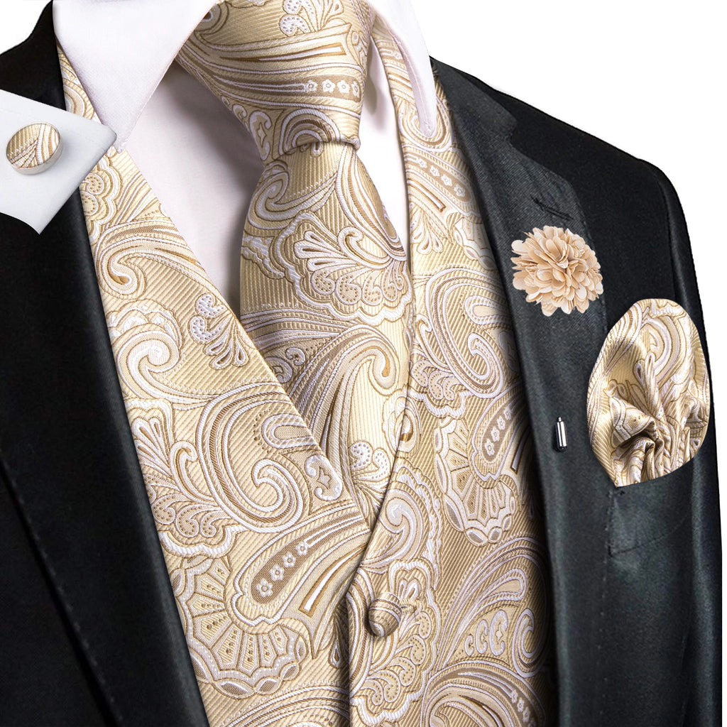 Hi-Tie High Quality Silk Mens Vests Champagne Paisley Waistcoat Neck Tie Hanky Cufflinks Brooch Set for Men Suit Wedding Office
