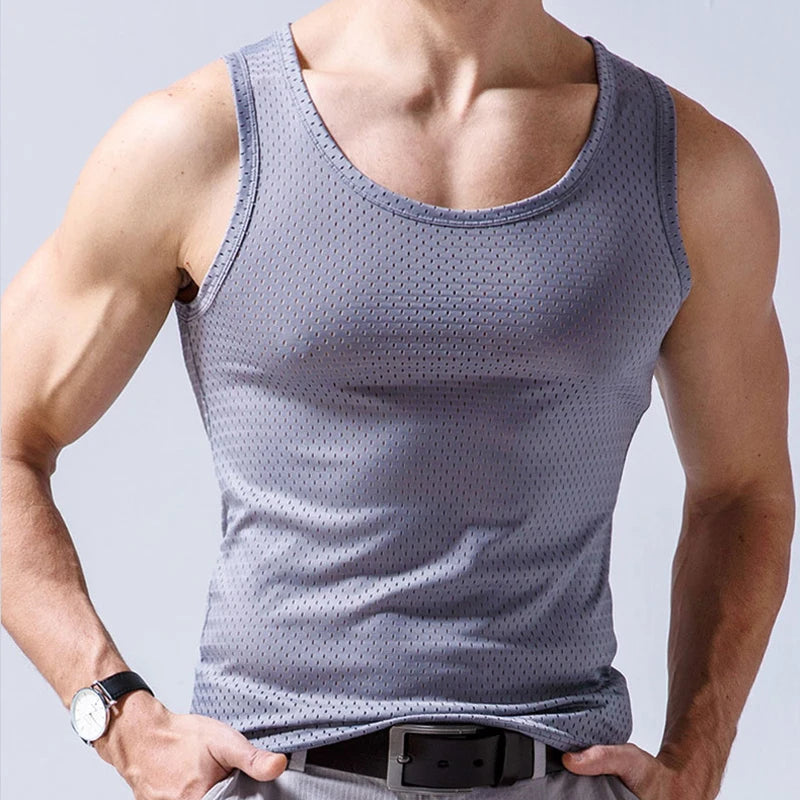 Summer Men Ice Silk Tank Top Underwear Man Vest Undershirt Mesh Holes Shirts Male Workout Sleeveless Breathable Singlets T-Shirt